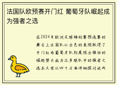 法国队欧预赛开门红 葡萄牙队崛起成为强者之选
