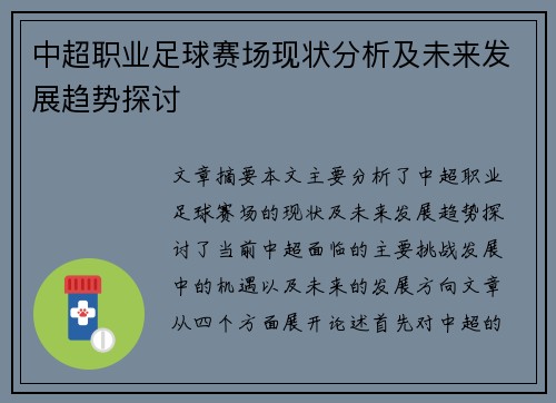 中超职业足球赛场现状分析及未来发展趋势探讨