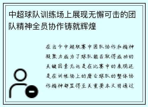 中超球队训练场上展现无懈可击的团队精神全员协作铸就辉煌