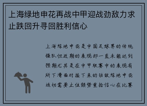 上海绿地申花再战中甲迎战劲敌力求止跌回升寻回胜利信心