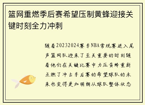 篮网重燃季后赛希望压制黄蜂迎接关键时刻全力冲刺
