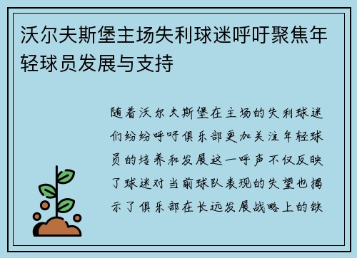 沃尔夫斯堡主场失利球迷呼吁聚焦年轻球员发展与支持
