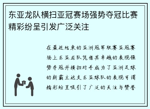 东亚龙队横扫亚冠赛场强势夺冠比赛精彩纷呈引发广泛关注